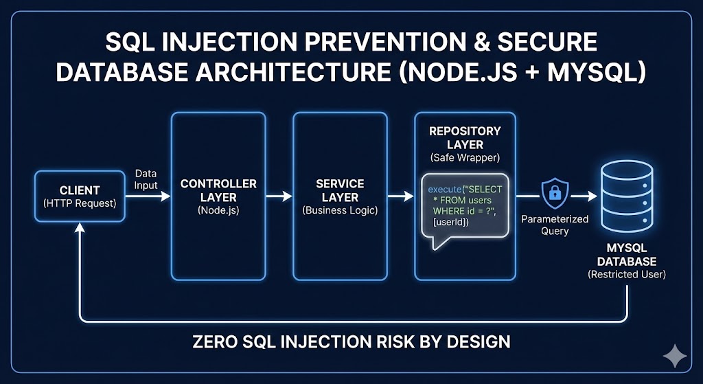 Diagram of a secure NodeJS and MySQL architecture